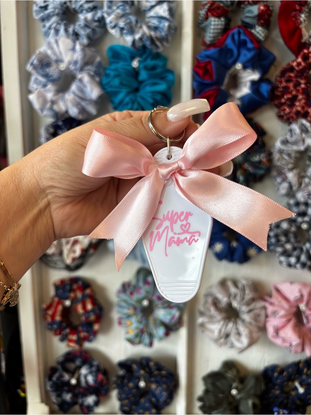 Pink "Super Mama" Key & Card Holder with Satin Bow